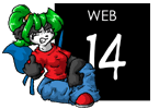 An anthropomorphic flipping off the viewer, announcing the site is rated Web 14